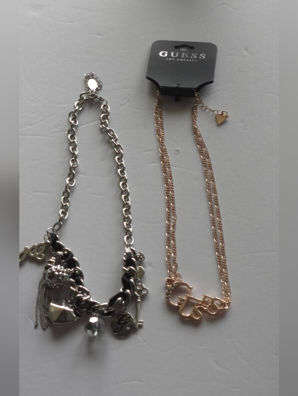 Bundle Of 2 Guess Necklace Rose Gold and Silver Rhinestone Logo Charm Necklace